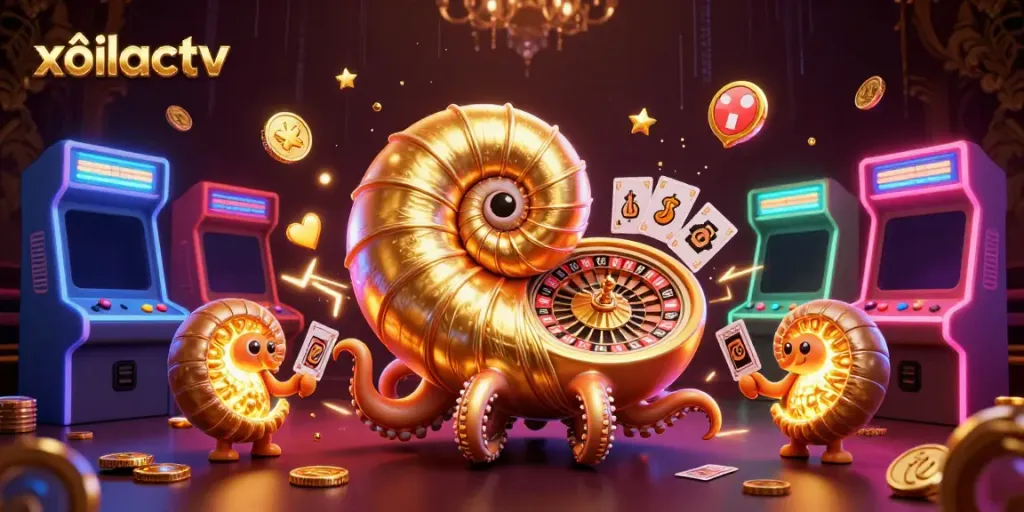 xôilactv shows a vibrant scene of a giant nautilus roulette wheel with glowing ammonites, perfect for gamblers.