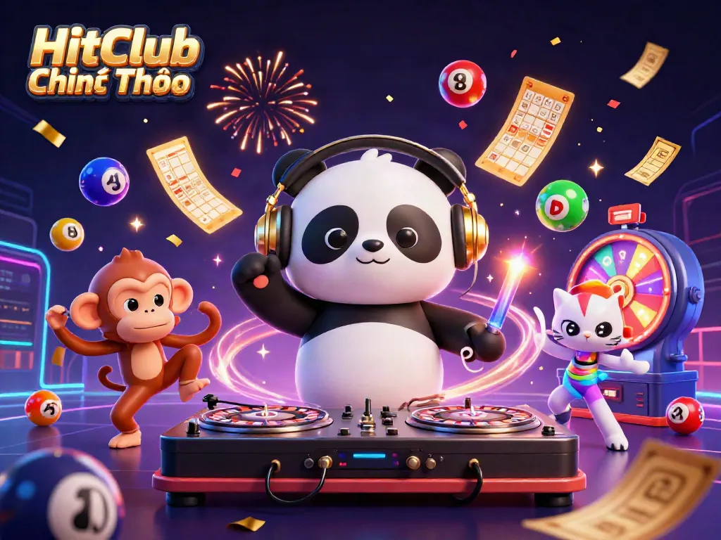 Engage with thrilling games at HitClub Chính Thức featuring a DJ panda, dancing monkey, and rave kitten.