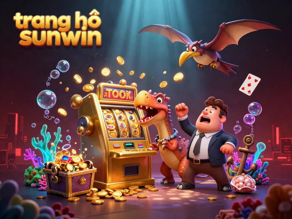 Engage in fun at trang chủ sunwin with cartoon dinosaurs interacting with a golden slot machine and flying coins.