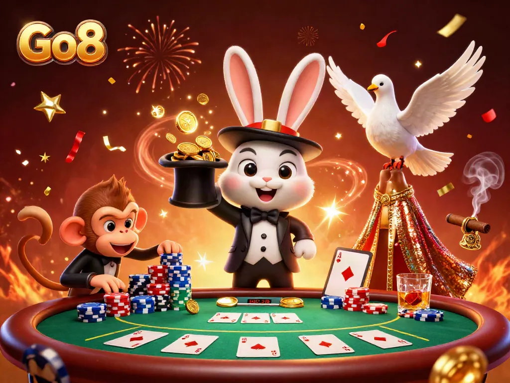 Experience thrilling magic and excitement with Go8's vibrant casino scene, featuring enchanting characters and poker elements.