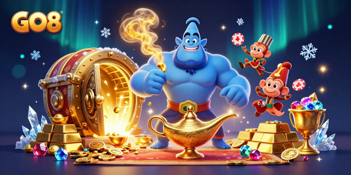 Experience thrilling gameplay at GO8 with a dynamic casino illustration filled with excitement and riches.