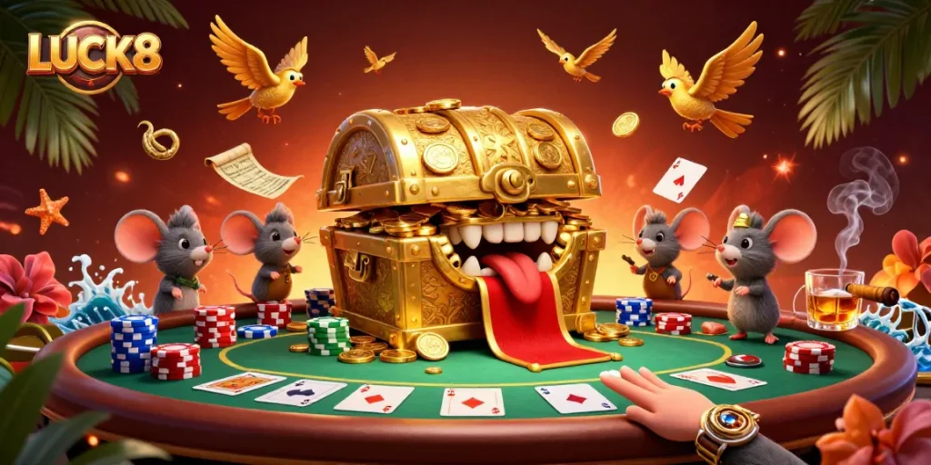 Engage in thrilling poker adventures with LUCK8 in this vibrant casino illustration.
