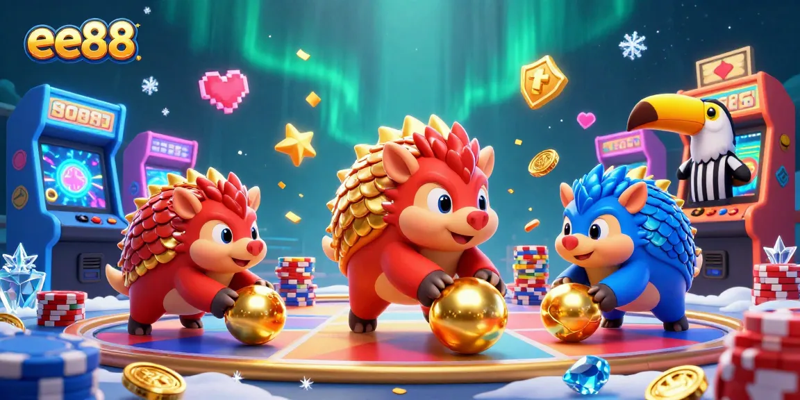 Experience winning thrills with ee88 as pangolins roll through poker chip stacks amidst casino game elements.