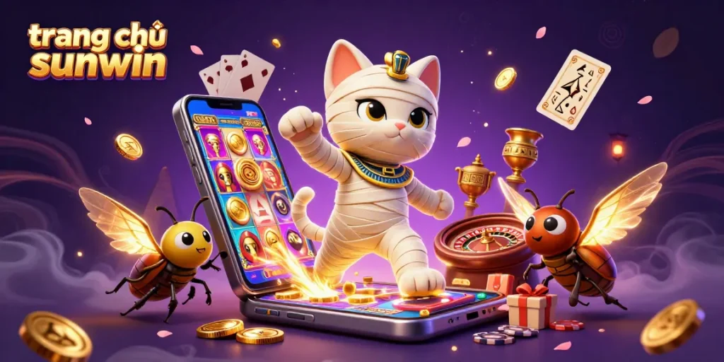 Experience the excitement of trang chủ sunwin with a vibrant 3D illustration of an Egyptian mummy cat in a lavish casino setting.