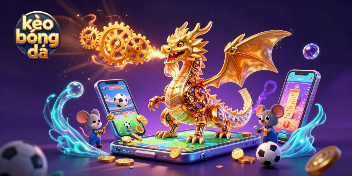 Experience kèo bóng đá excitement with dynamic sports betting elements and a golden dragon illustration.