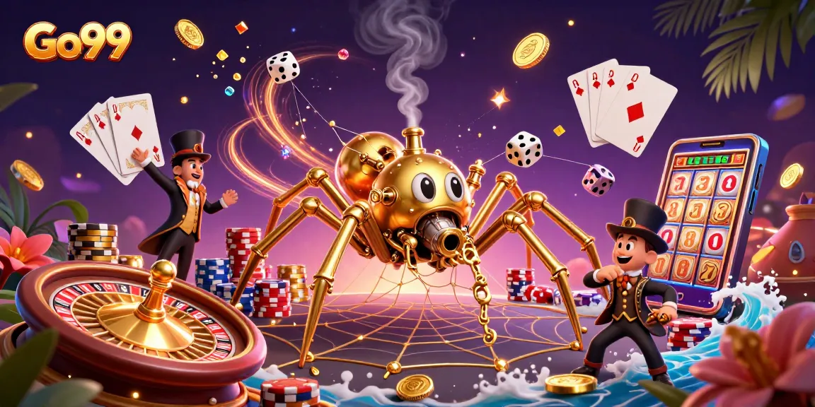 Experience the thrill of Go99 with a dynamic 3D illustration of a steampunk spider and gambling elements.