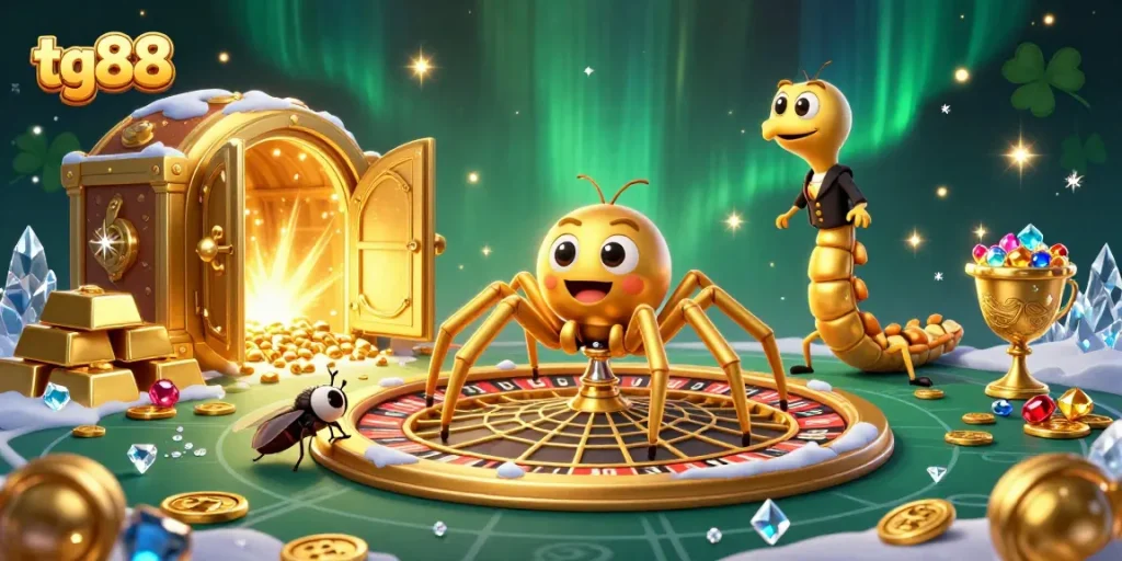 Bet on tg88 with a cartoon spider and centipede croupier in a vibrant casino scene.