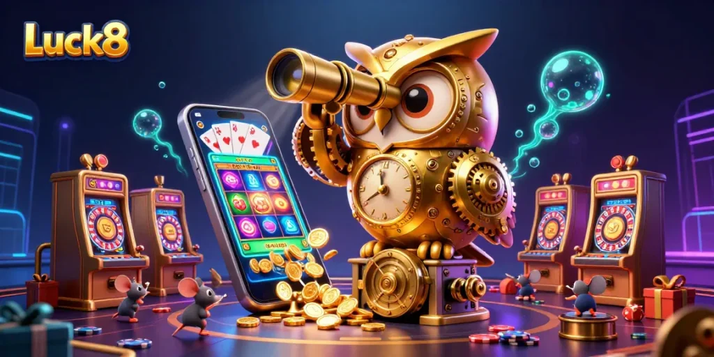 Experience thrilling wins at Luck8 with vibrant slot games, dynamic characters, and festive casino elements.